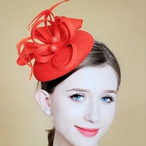 🐎 NEW! Vibrant Orange-Red Feathered Pillbox Hat
